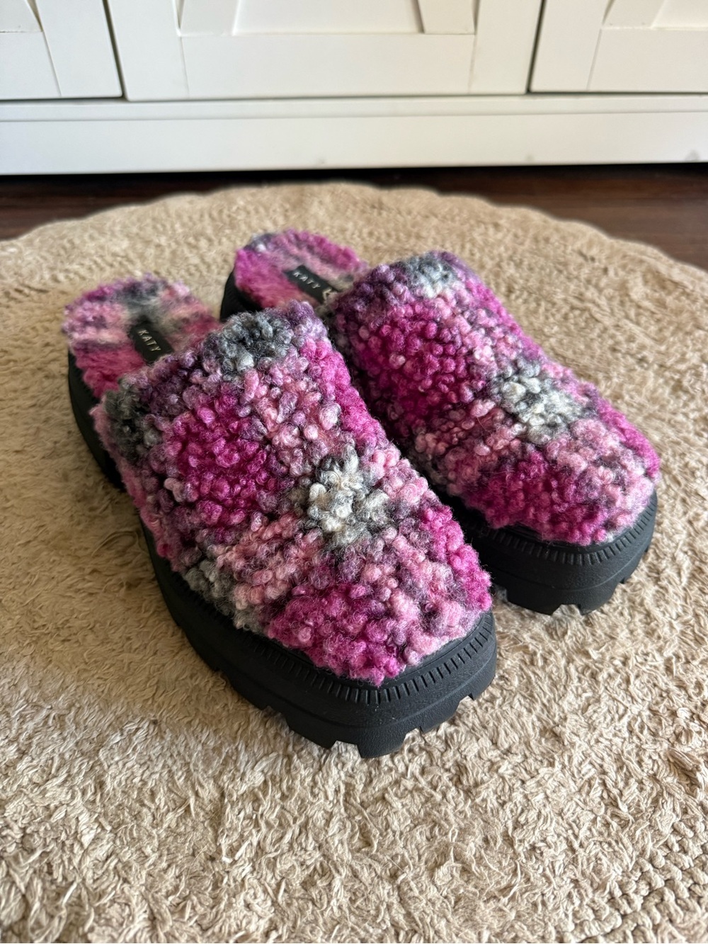 Katy Perry Fuzzy Pink Plaid Platform Mules